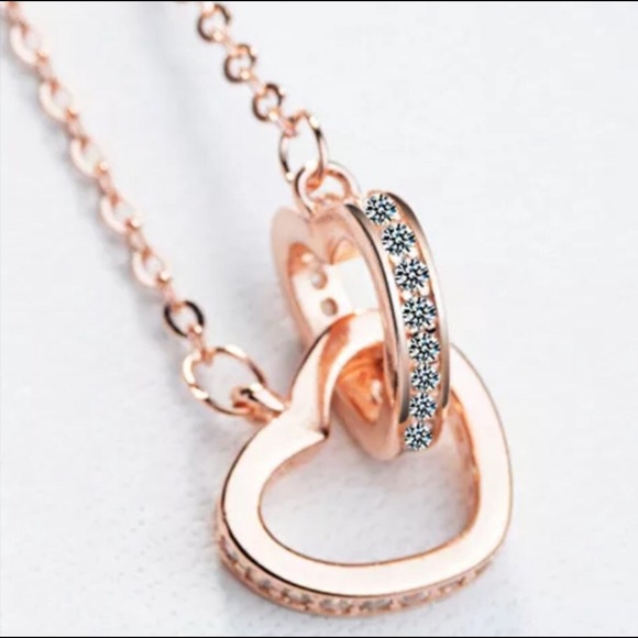 925 Sterling Rose Gold Double Love Heart Necklace - Picture 2 of 6